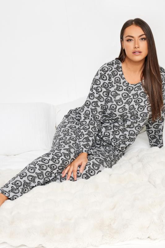 YOURS Plus Size Grey Bear Print Tapered Pyjama Set | Yours Clothing 1