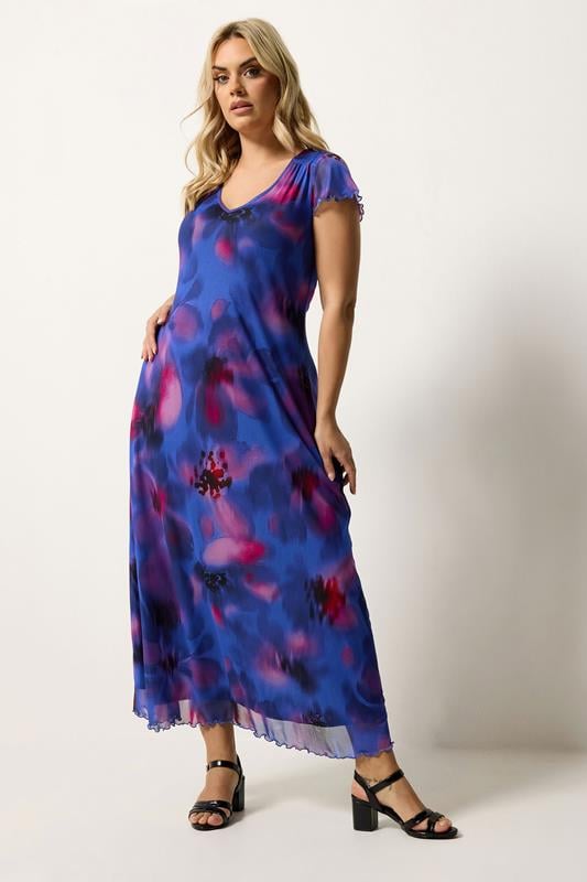 YOURS Plus Size Cobalt Blue Floral Mesh Maxi Dress | Yours Clothing 1