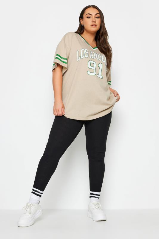 YOURS Plus Size Beige Brown 'Los Angeles' Slogan Varsity T-Shirt | Yours Clothing 2