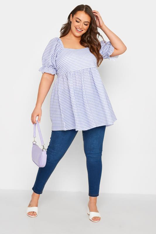 LIMITED COLLECTION Curve Blue & White Gingham Milkmaid Top 2