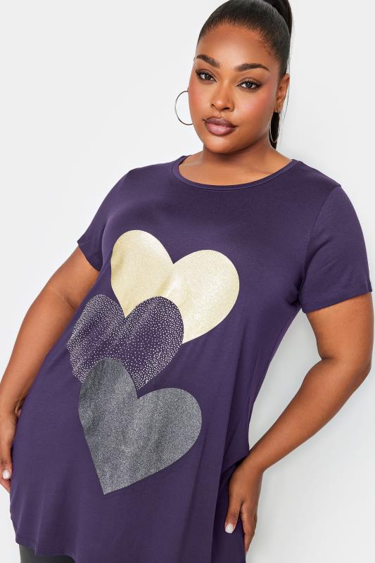 YOURS Plus Size Purple Glitter Heart Print T-Shirt | Yours Clothing  4