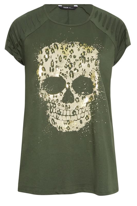YOURS Plus Size Khaki Green Skull Print T-Shirt | Yours Clothing 6