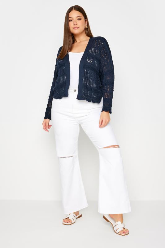YOURS Plus Size Navy Blue Pure Cotton Cropped Pointelle Cardigan | Yours Clothing 2