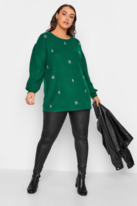YOURS LUXURY Plus Size Green Diamante Embellished Soft Touch Jumper | Yours Clothing 3