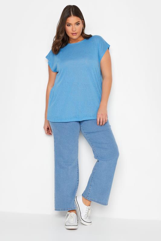 YOURS Plus Size Blue Linen Look T-Shirt | Yours Clothing 2