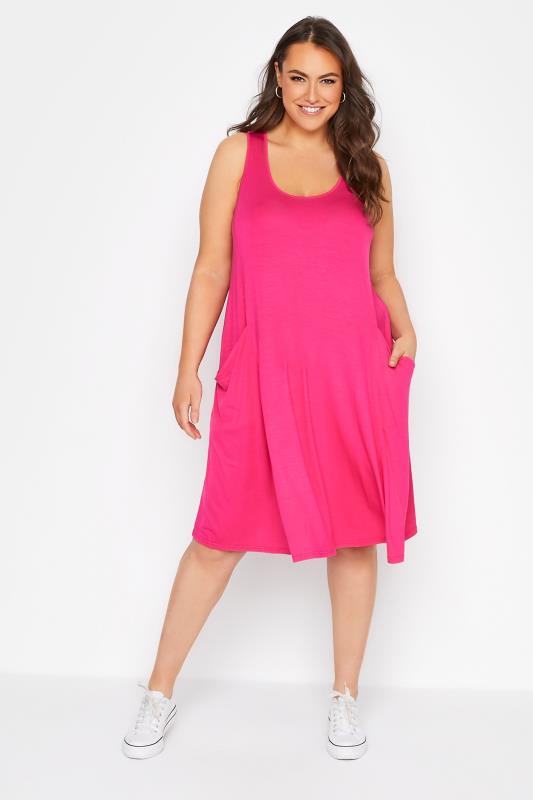 Plus Size  Curve Hot Pink Sleeveless Drape Pocket Midi Dress