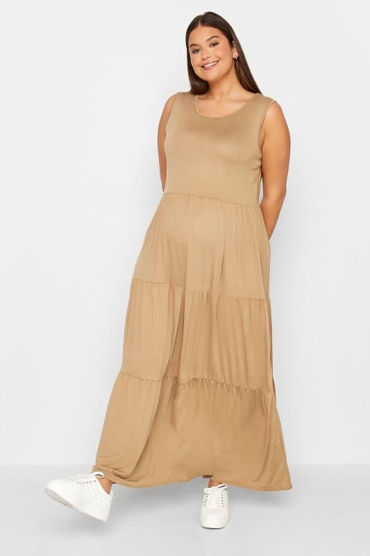  Grande Taille LTS Tall Maternity Camel Brown Tiered Maxi Dress