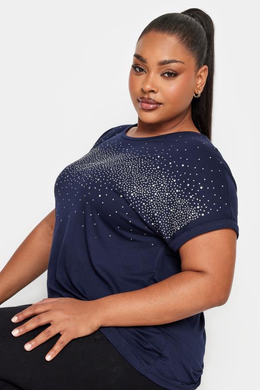YOURS Plus Size Navy Blue Diamante Detail T-Shirt | Yours Clothing 4