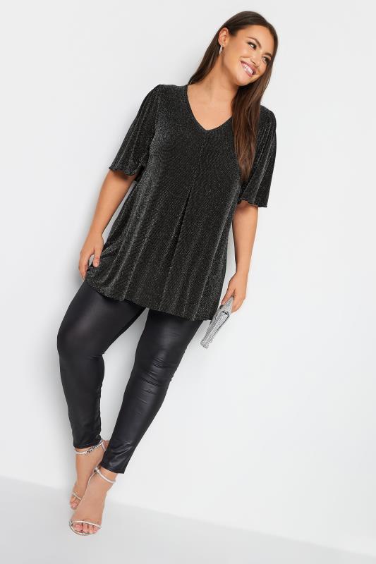 YOURS Plus Size Black & Silver Glitter Pleated Swing Top | Yours Clothing 2