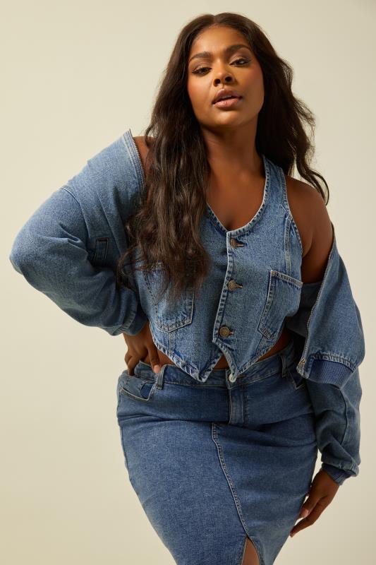  Grande Taille YOURS Curve Blue Washed Denim Waistcoat