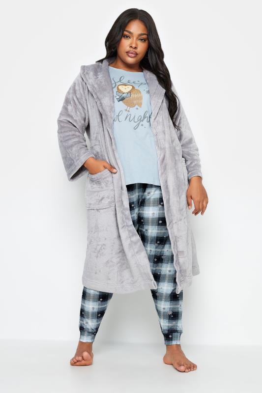 YOURS Plus Size Light Blue 'Sleep Owl Night' Check Print Pyjama Set | Yours Clothing 3