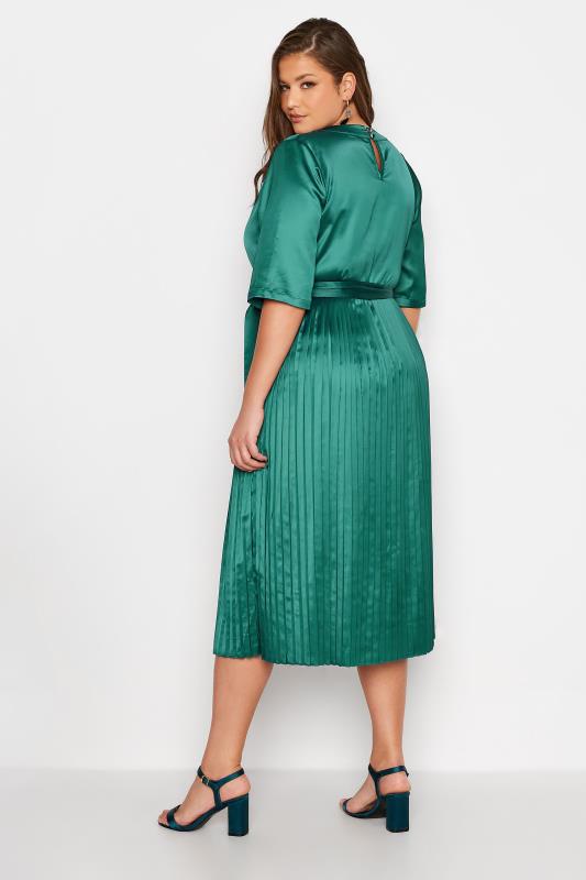 YOURS LONDON Plus Size Green Satin Pleated Wrap Dress | Yours Clothing 3
