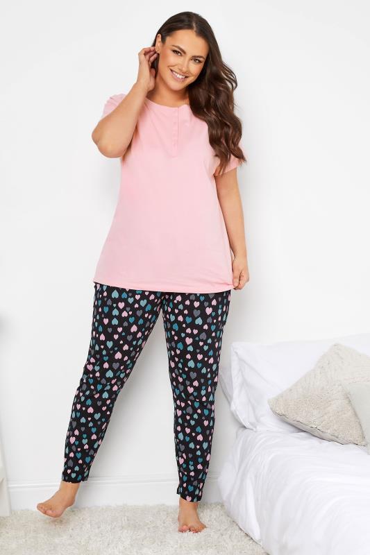 YOURS Plus Size Black Heart Print Tapered Pyjama Bottoms | Yours Clothing 3