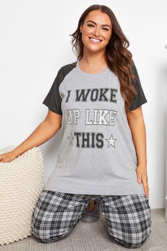 Plus Size Grey 'I Woke Up Like This' Slogan Pyjama Set | Yours Clothing 2