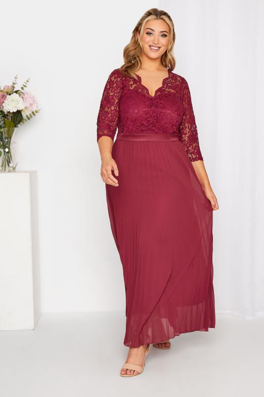 YOURS LONDON Curve Burgundy Red Lace Pleated Bridesmaid Maxi Dress 1