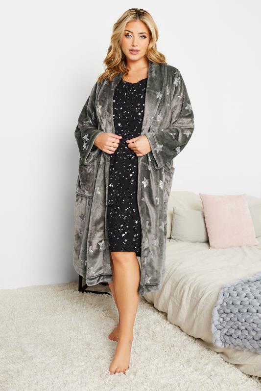 Plus Size Grey Star Print Shawl Collar Dressing Gown | Yours Clothing 3