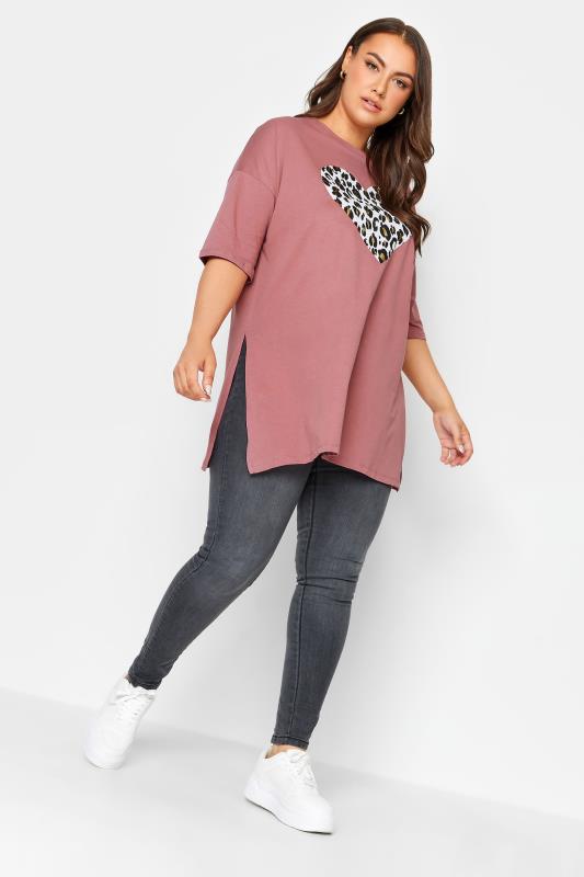 YOURS Plus Size Pink Leopard Print Heart Oversized T-Shirt | Yours Clothing 2