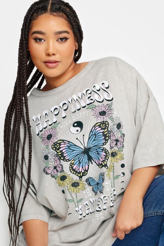 YOURS Plus Size Grey 'Happiness' Printed Oversized T-Shirt | Yours Clothing 4