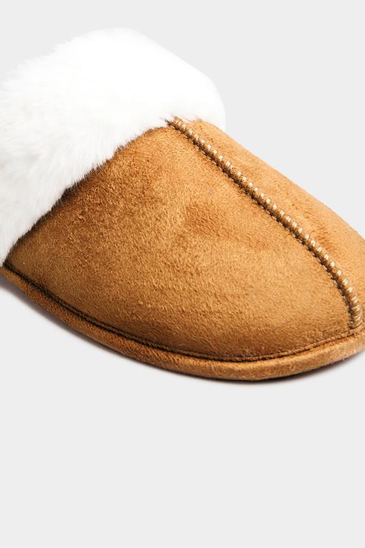 LTS Tan Brown Fur Cuff Mule Slippers In Standard D Fit | Long Tall Sally 6
