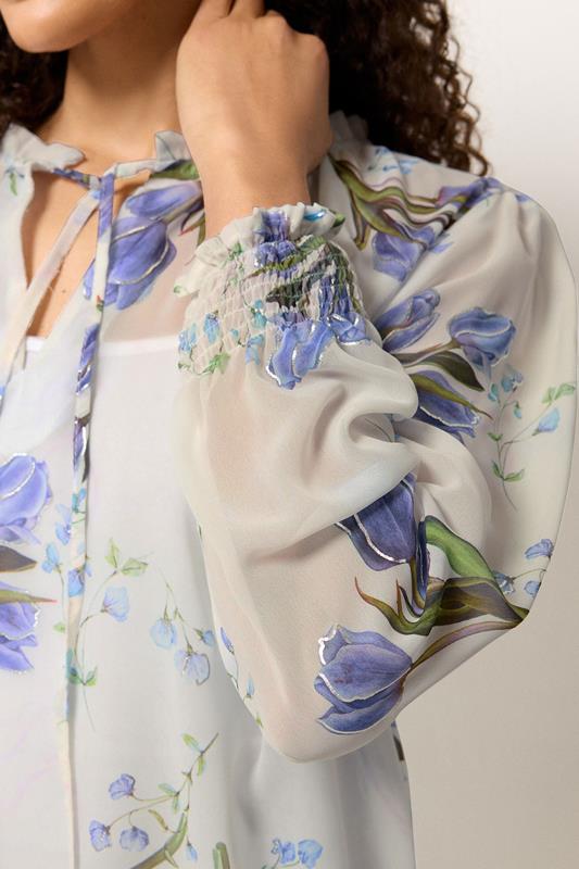 M&Co White & Blue Floral Tie Neck Blouse | M&Co 4