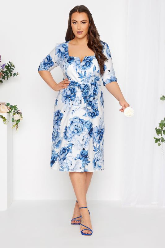 YOURS LONDON Curve Plus Size White & Blue Notch Neck Floral Dress | Yours Clothing 2