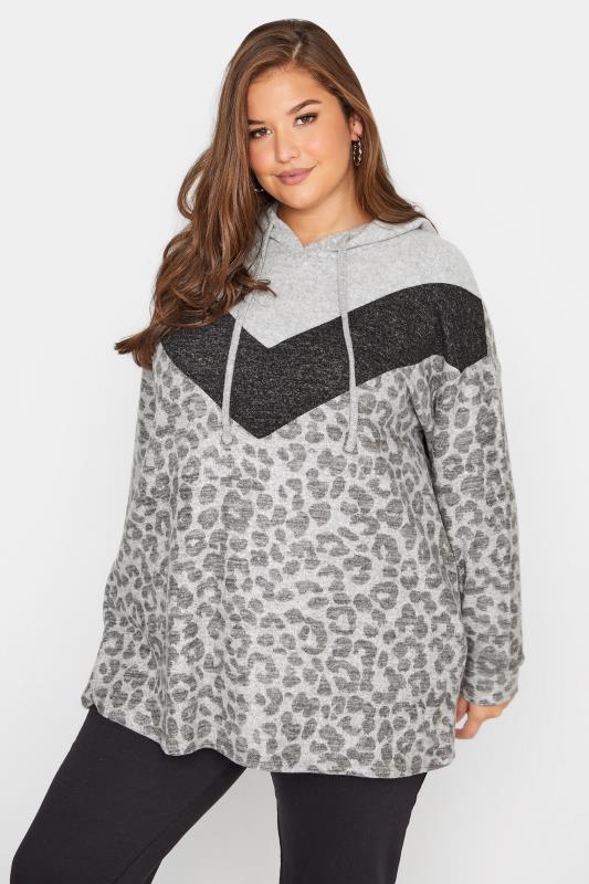 Plus Size Light Grey Chevron Leopard Print Luxury Super Soft Hand Feel Hoodie | Yours Clothing 1