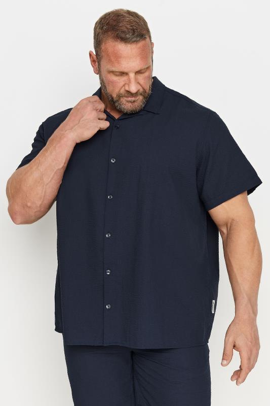  JACK & JONES Big & Tall Dark Blue Stripe Revere Collar Seersucker Shirt