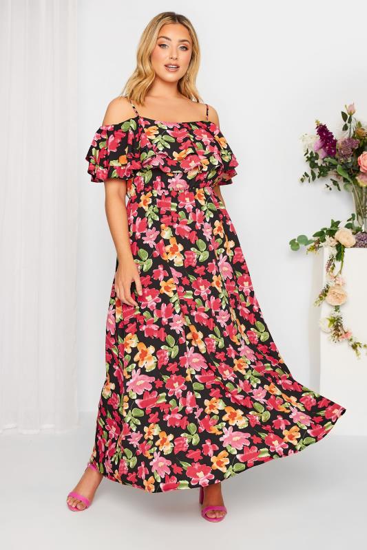Plus Size YOURS LONDON Curve Black Floral Bardot Ruffle Bridesmaid Maxi Dress | Yours Clothing  3