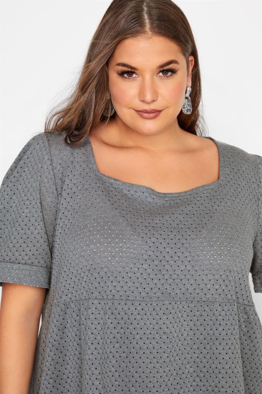 Curve Grey Broderie Anglaise Square Neck Peplum Top 4