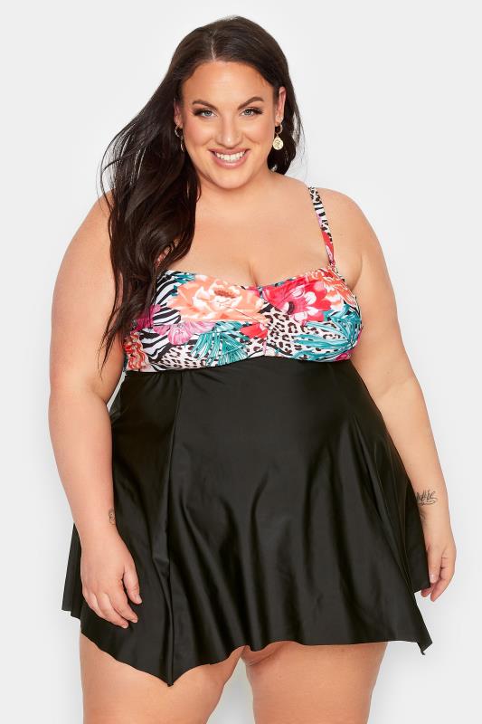 YOURS Curve Plus Size Black Tropical Print Hanky Hem Swimdress | Yours Clothing  2
