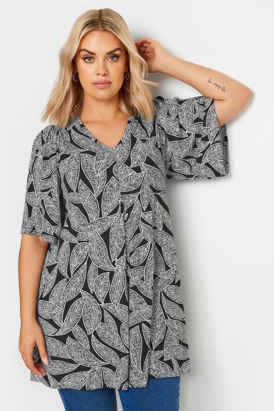 YOURS Plus Size Black Leaf Print Swing Top | Yours Clothing 1