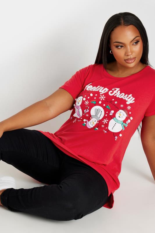 YOURS Plus Size Red 'Feeling Frosty' Slogan T-Shirt | Yours Clothing  1