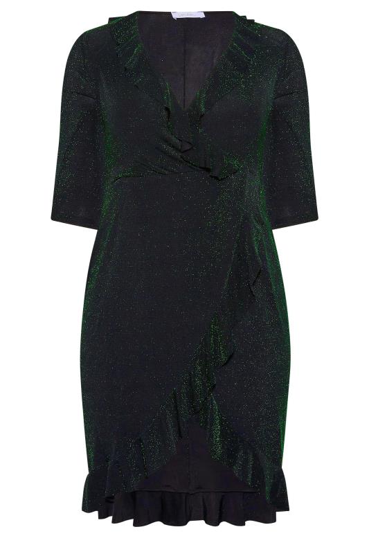 YOURS LONDON Plus Size Black & Green Glitter Ruffle Wrap Party Dress | Yours Clothing 6