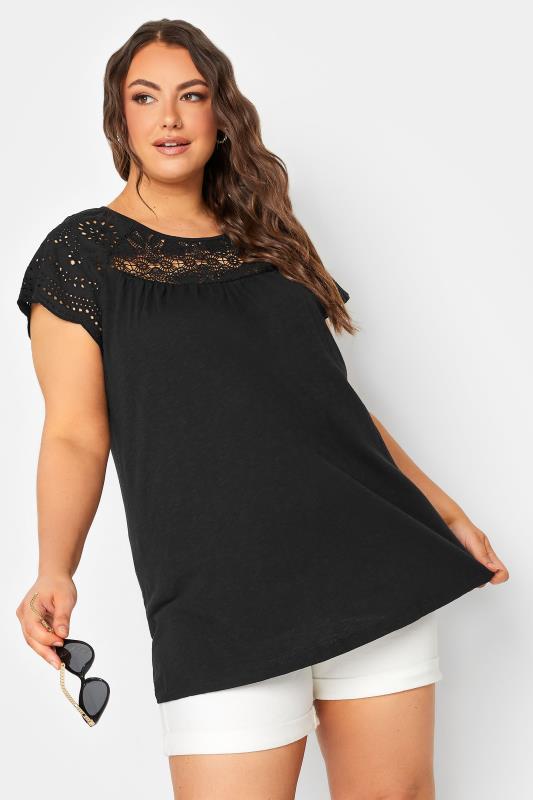 YOURS Plus Size Black Crochet Lace Top | Yours Clothing 1