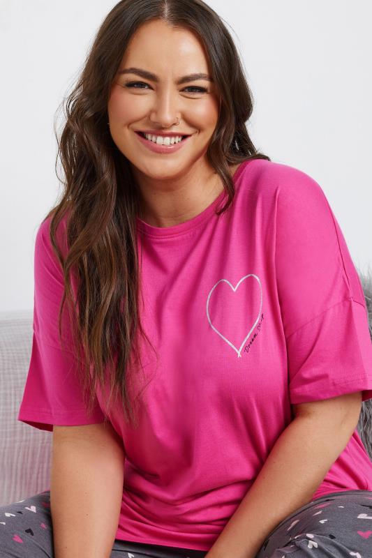 YOURS Plus Size Pink Glitter Heart Pyjama Top | Yours Clothing 5