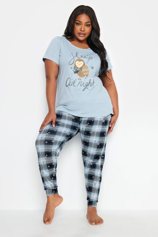 YOURS Plus Size Light Blue 'Sleep Owl Night' Check Print Pyjama Set | Yours Clothing 1