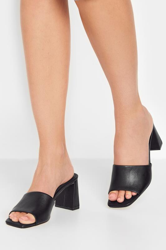 LTS Black Faux Leather Block Heel Mules In Standard Fit | Long Tall Sally 1