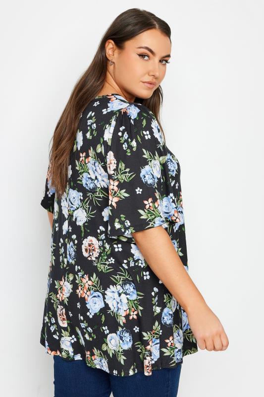 YOURS Plus Size Black & Blue Floral Print Pleated Swing Top | Yours Clothing 3