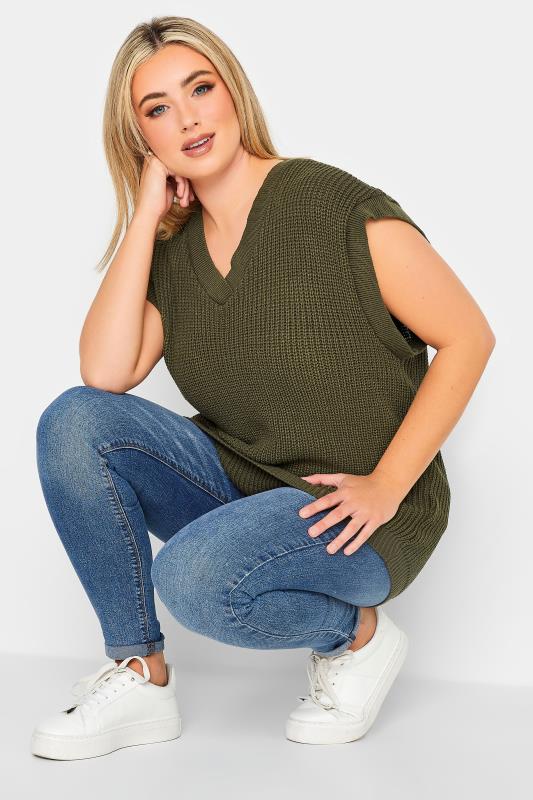 YOURS PETITE Curve Plus Size Khaki Green Chunky V-Neck Knitted Vest Top | Yours Clothing  4