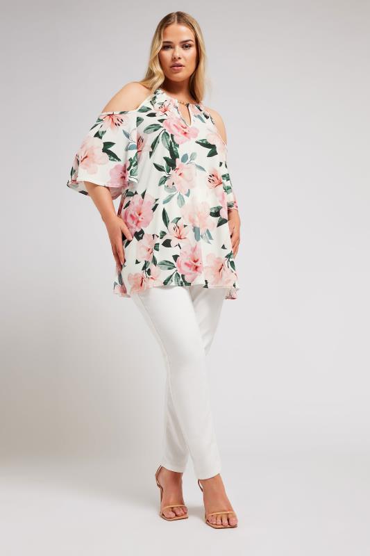 YOURS LONDON Plus Size White Floral Print Chain Cold Shoulder Top | Yours Clothing 3
