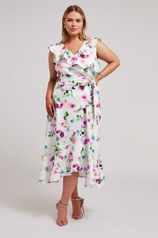 YOURS LONDON Plus Size White Floral Print Ruffle Wrap Dress | Yours Clothing 1