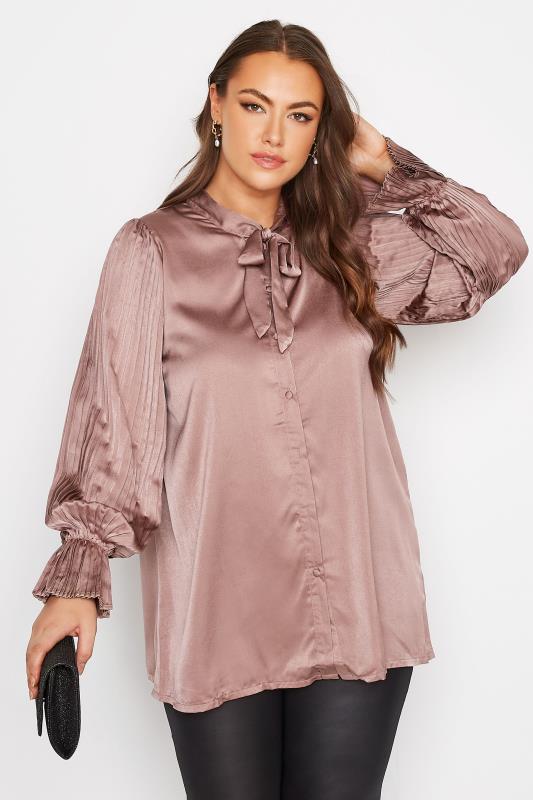 YOURS LONDON Plus Size Pink Satin Pleated Bow Blouse | Yours Clothing  1
