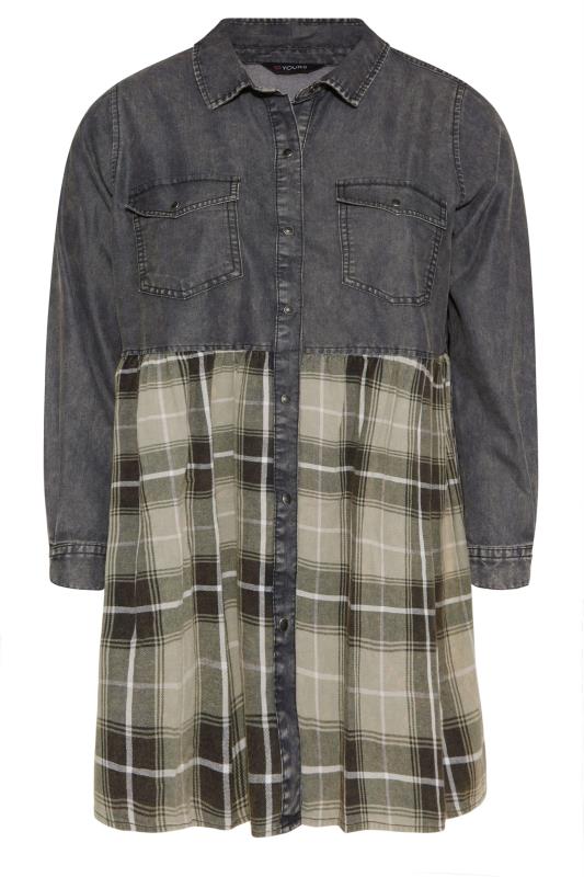 Plus Size Grey & Green Check Print Peplum Denim Shirt | Yours Clothing 6