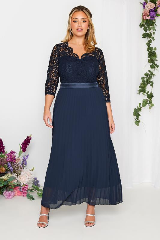 Plus Size YOURS LONDON Curve Navy Blue Lace Pleated Maxi Dress | Yours Clothing  2