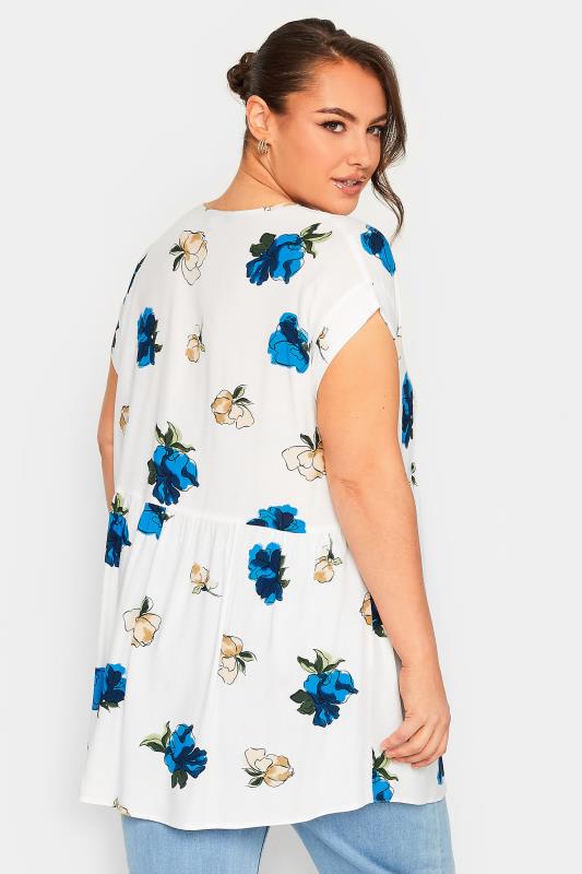 YOURS Plus Size White & Blue Floral Print Peplum Blouse | Yours Clothing 3