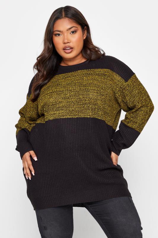  Tallas Grandes Black & Yellow Colour Block Knitted Jumper