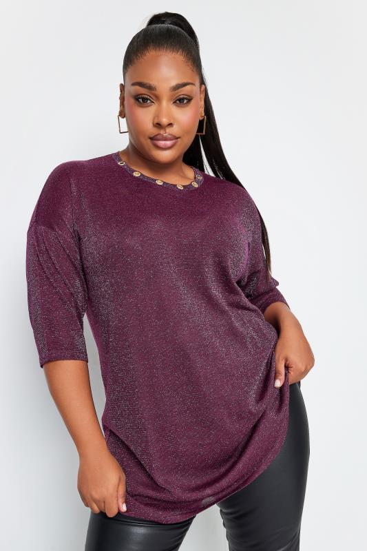 YOURS Plus Size Purple Metallic Eyelet Jumper | Yours Clothing 1