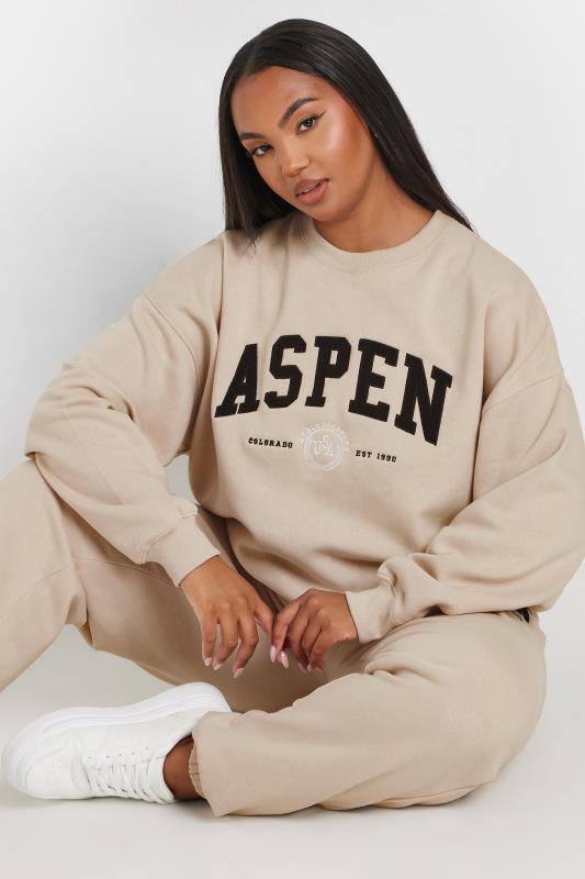 Plus Size  YOURS Curve Stone Brown 'Aspen' Slogan Sweatshirt