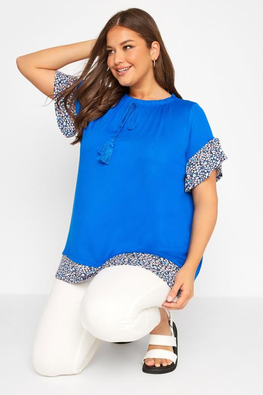 Plus Size Blue Ditsy Print Contrast Trim Tunic Top | Yours Clothing 4