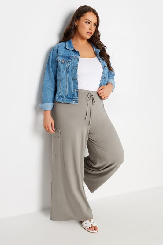 YOURS Plus Size Stone Brown Jersey Wide Leg Cargo Trousers | Yours Clothing 3